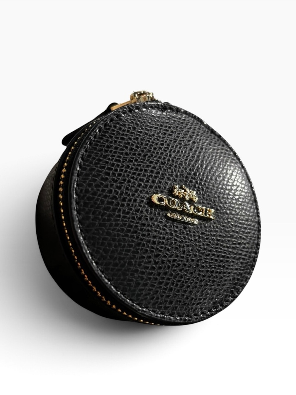 COACH Accessory Case Compact Round Black Leather Coin Jewelry Travel Pouch